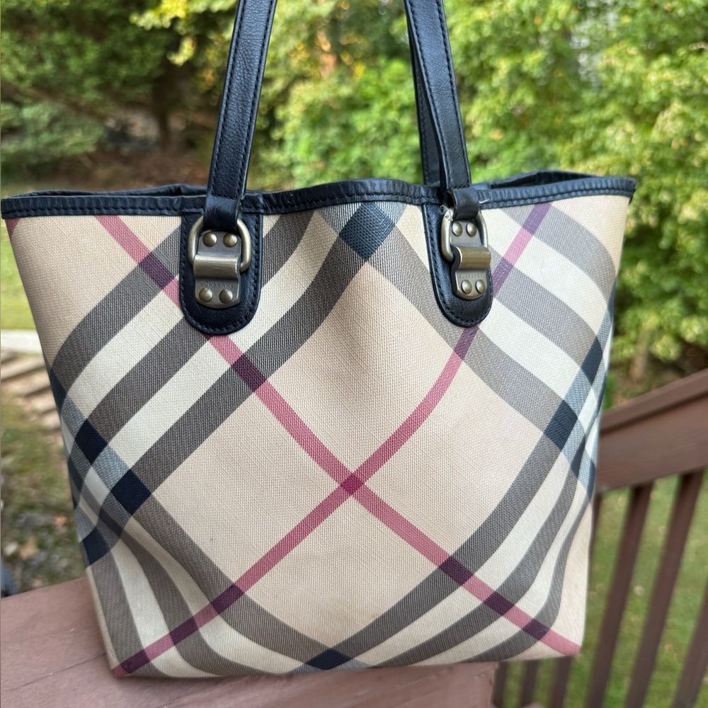 Burberry Classic Check Tote with Burgundy Accents - Picture 3 of 16